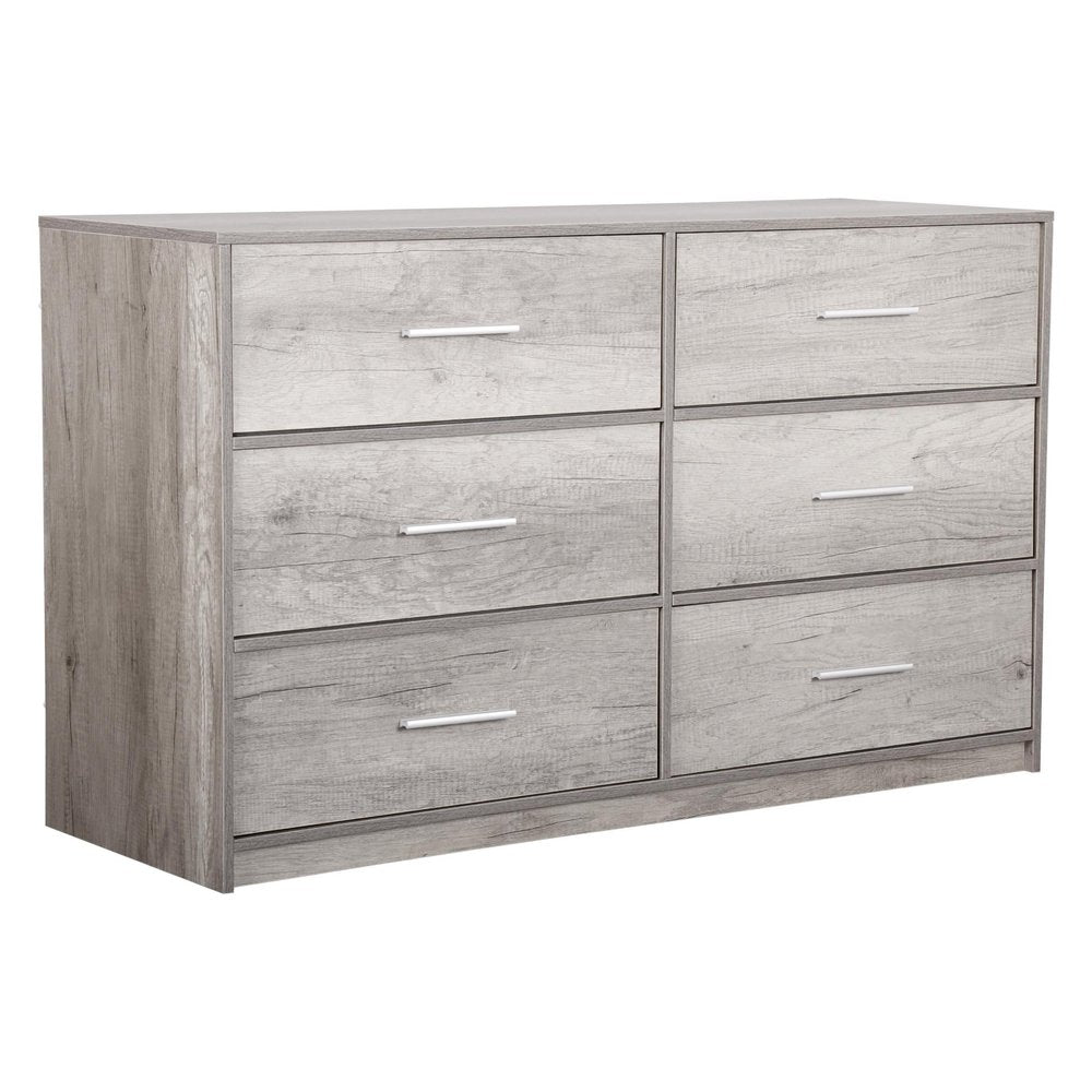 45" Gray Fabric Wood and Steel Six Drawer Double Dresser