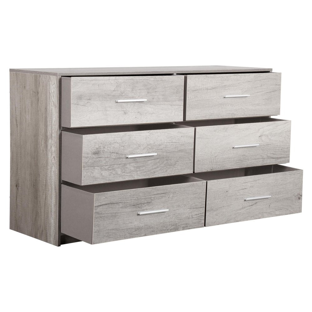 45" Gray Fabric Wood and Steel Six Drawer Double Dresser