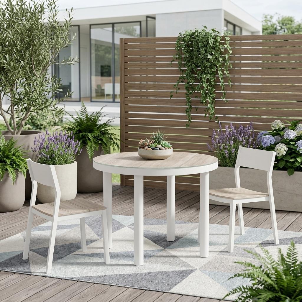 36" Natural and White Glass Wood and Aluminum Round Outdoor Dining Table