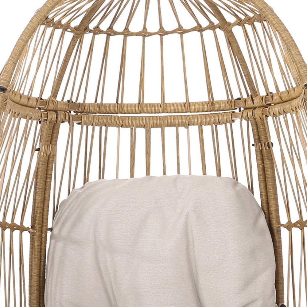 31" White Metal Outdoor Egg Chair with Beige Cushion