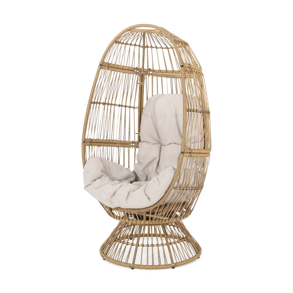 31" White Metal Outdoor Egg Chair with Beige Cushion