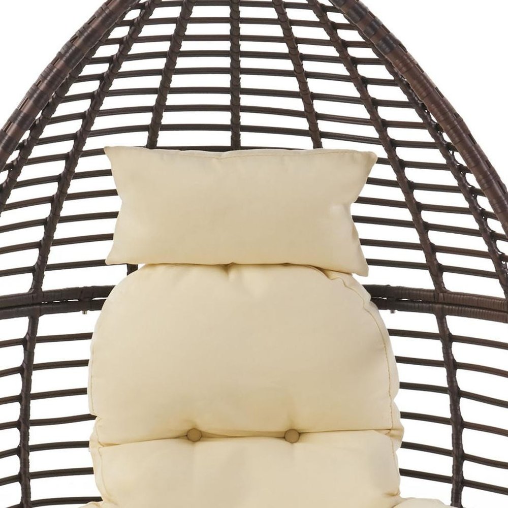 39" Beige Metal Outdoor Egg Chair with White Cushion