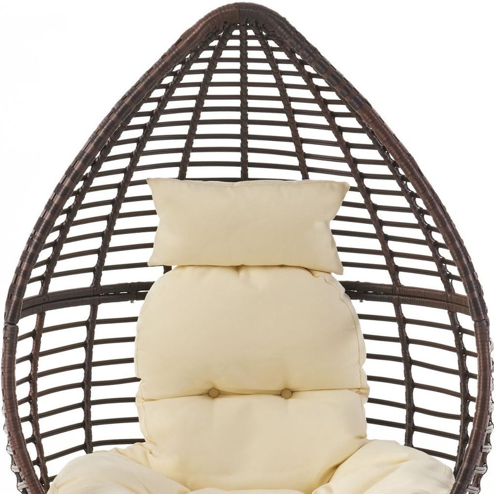 39" Beige Metal Outdoor Egg Chair with White Cushion