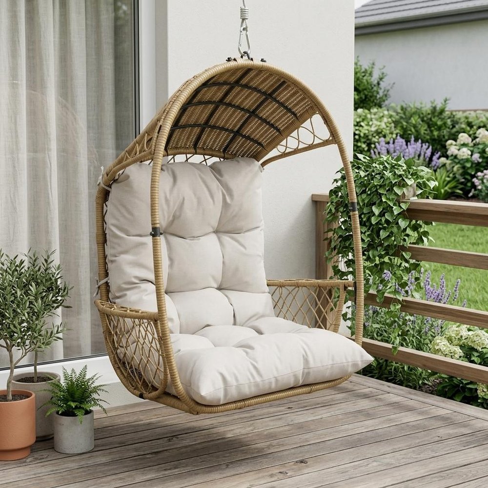 35" Beige Metal Outdoor Egg Chair with Gray Cushion