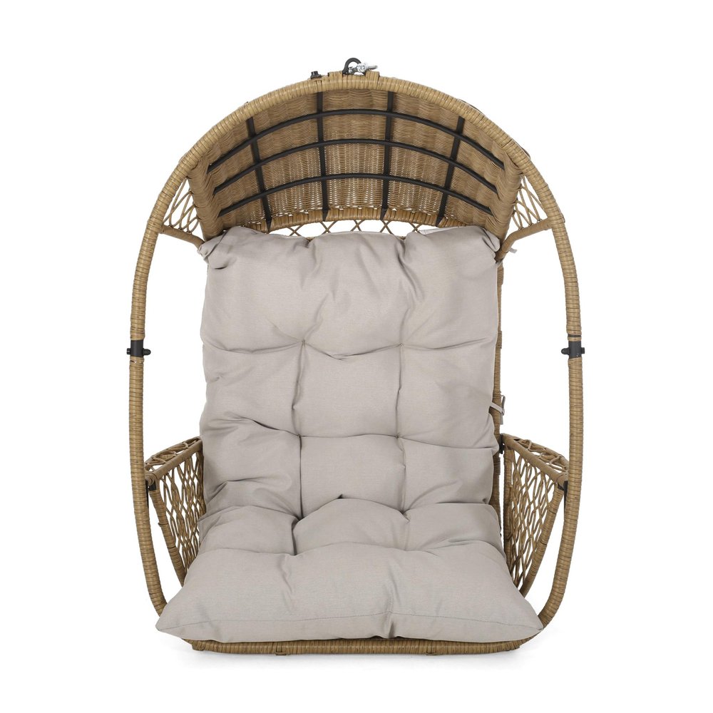35" Beige Metal Outdoor Egg Chair with Gray Cushion