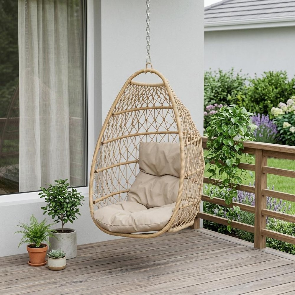 29" Brown Metal Outdoor Egg Chair with Brown Cushion