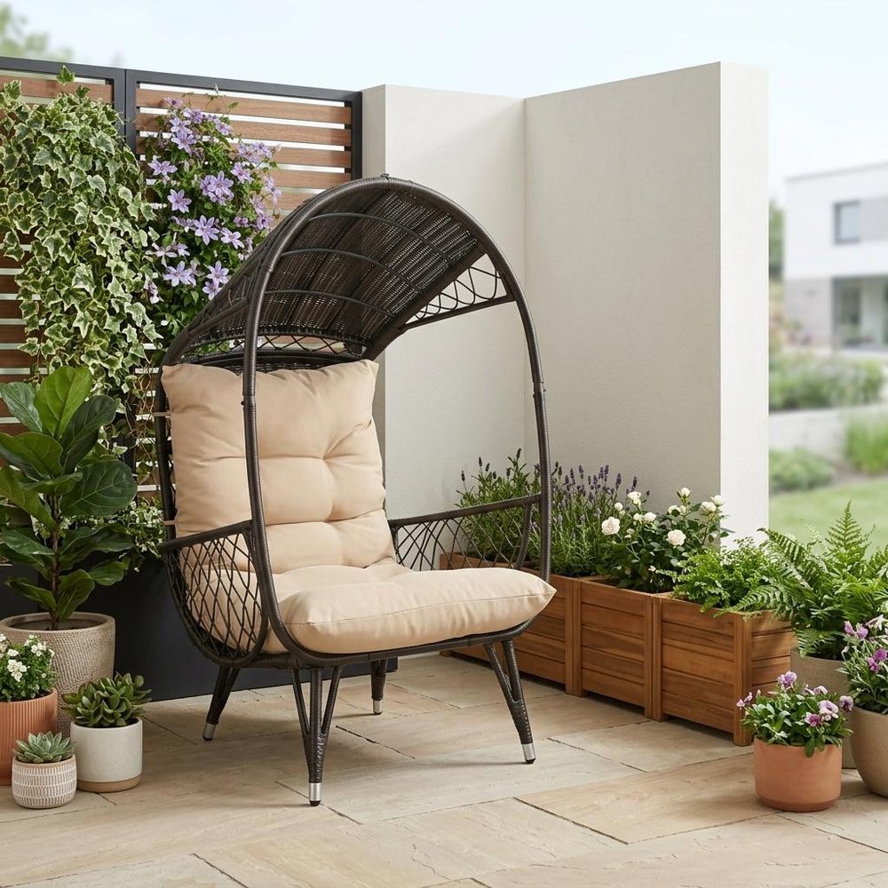 37" Brown Metal Outdoor Egg Chair with Brown Cushion
