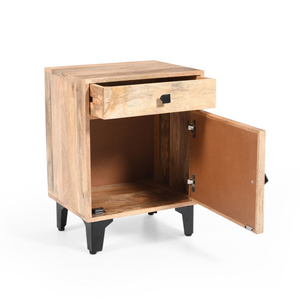 24" Natural Solid Wood Carved Geometric One Drawer Nightstand