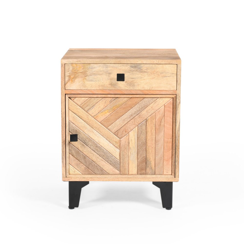 24" Natural Solid Wood Carved Geometric One Drawer Nightstand