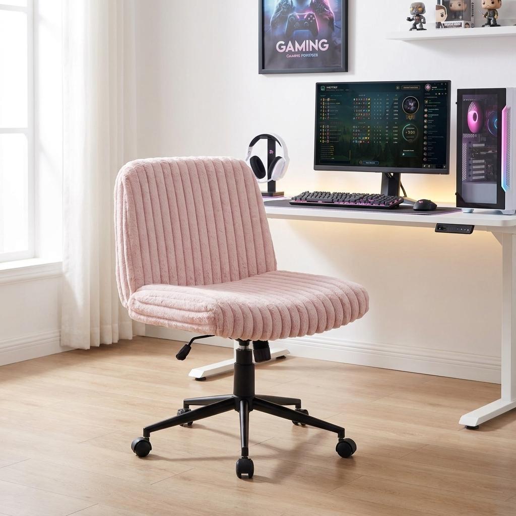 Pink and Black Adjustable Height Faux Fur Swivel Rolling Gaming Chair