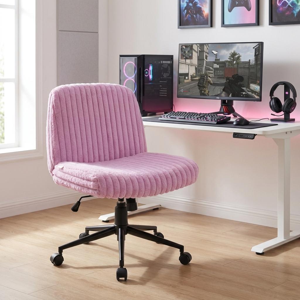Purple and Black Adjustable Height Faux Fur Swivel Rolling Gaming Chair