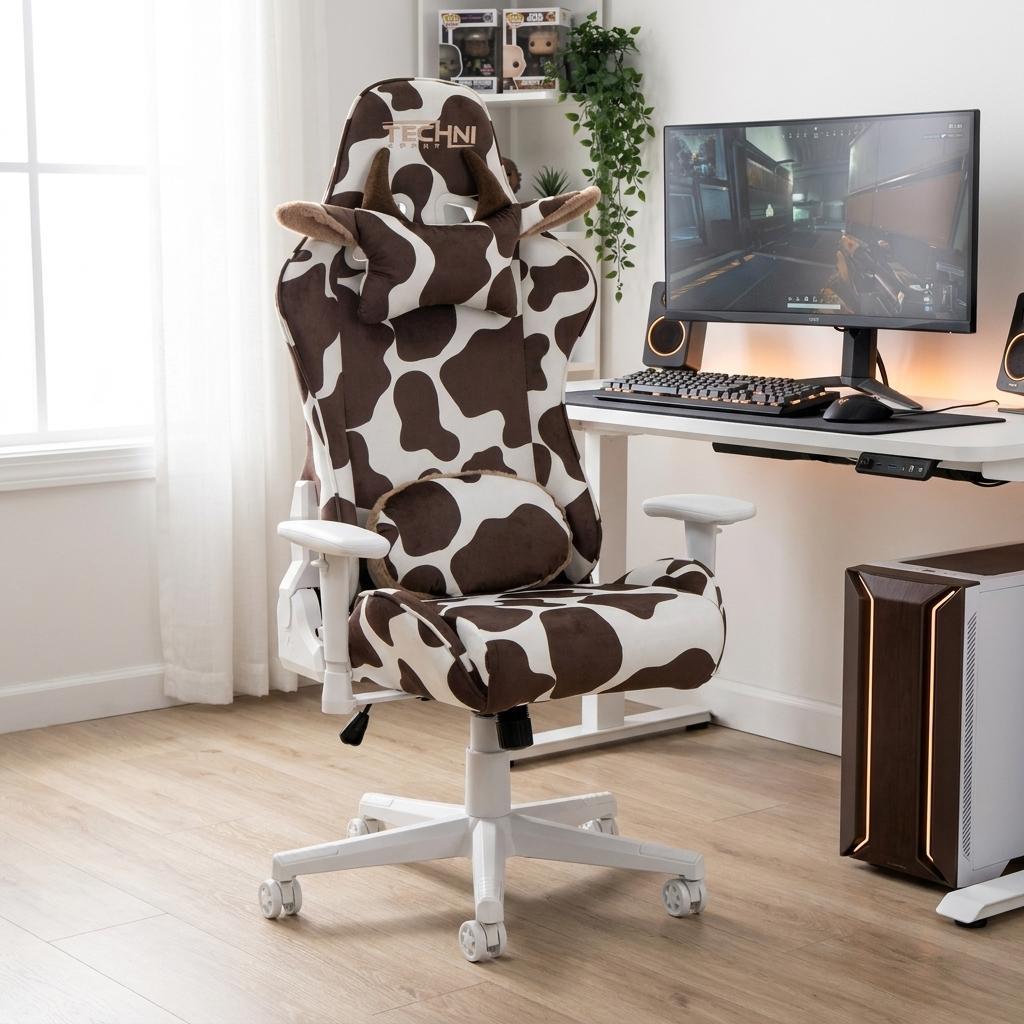 Brown and White Cow Print Adjustable Height Rolling Gaming Chair