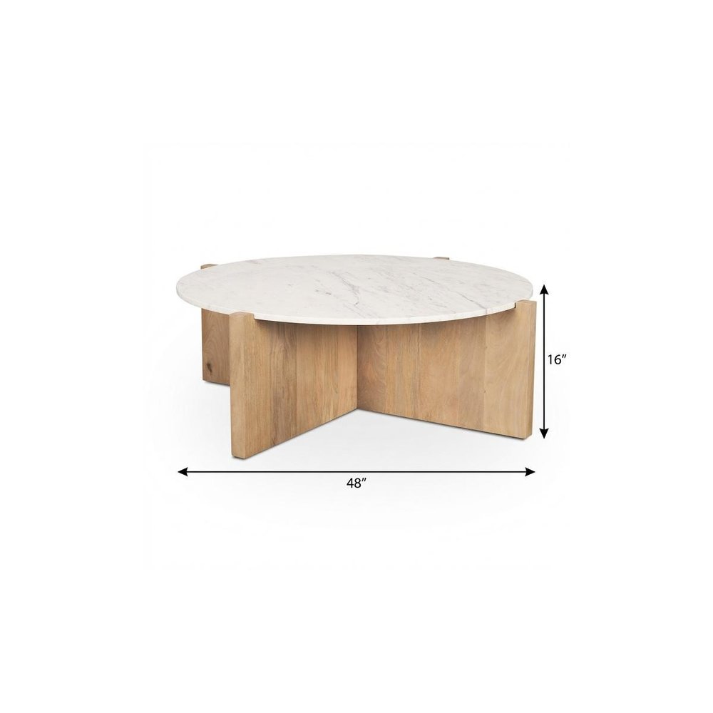 48" White and Brown Marble and Solid Wood Round Coffee Table