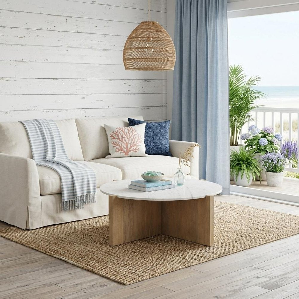 48" White and Brown Marble and Solid Wood Round Coffee Table