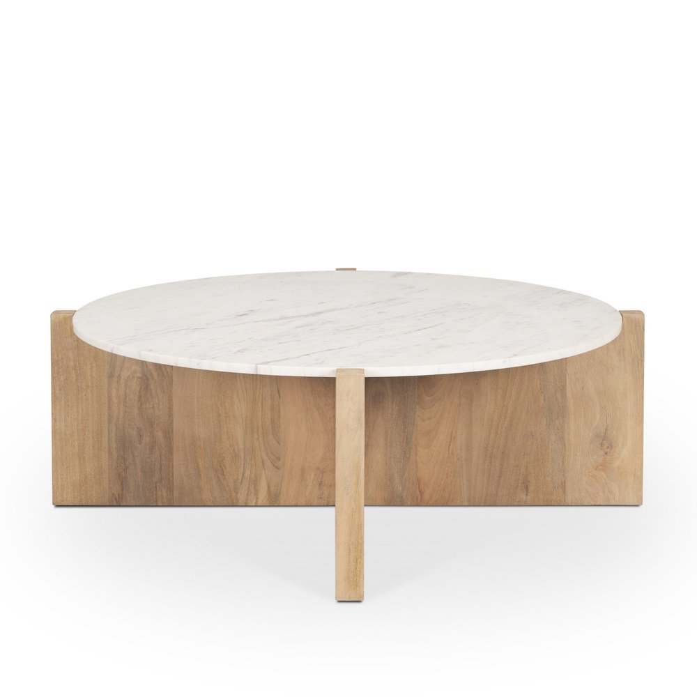 48" White and Brown Marble and Solid Wood Round Coffee Table