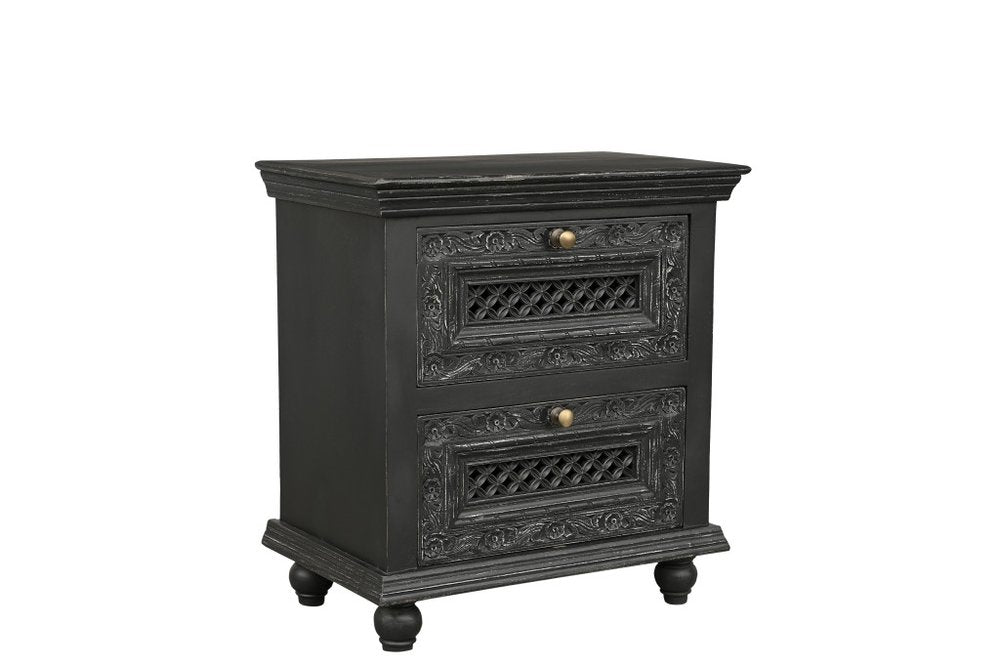 28" Black Solid Wood Square Distressed Carved Floral Two Drawer Nightstand