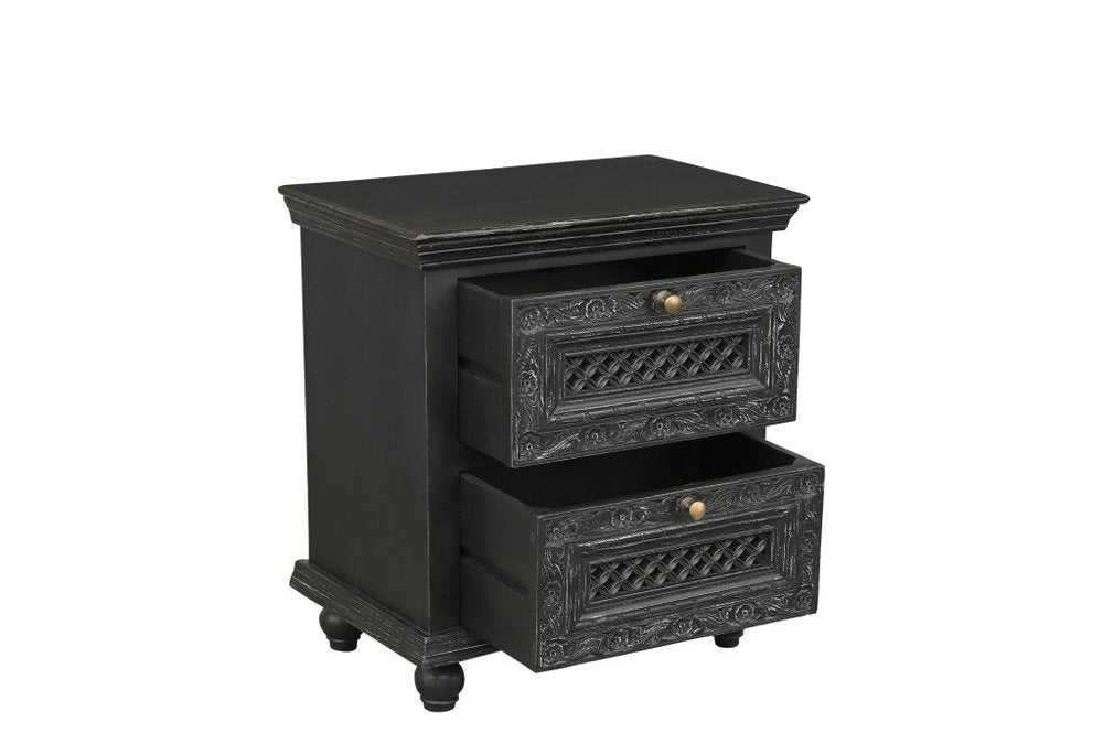 28" Black Solid Wood Square Distressed Carved Floral Two Drawer Nightstand