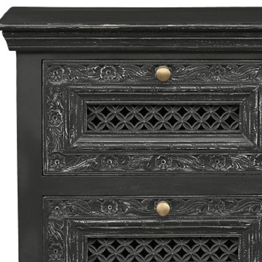 28" Black Solid Wood Square Distressed Carved Floral Two Drawer Nightstand