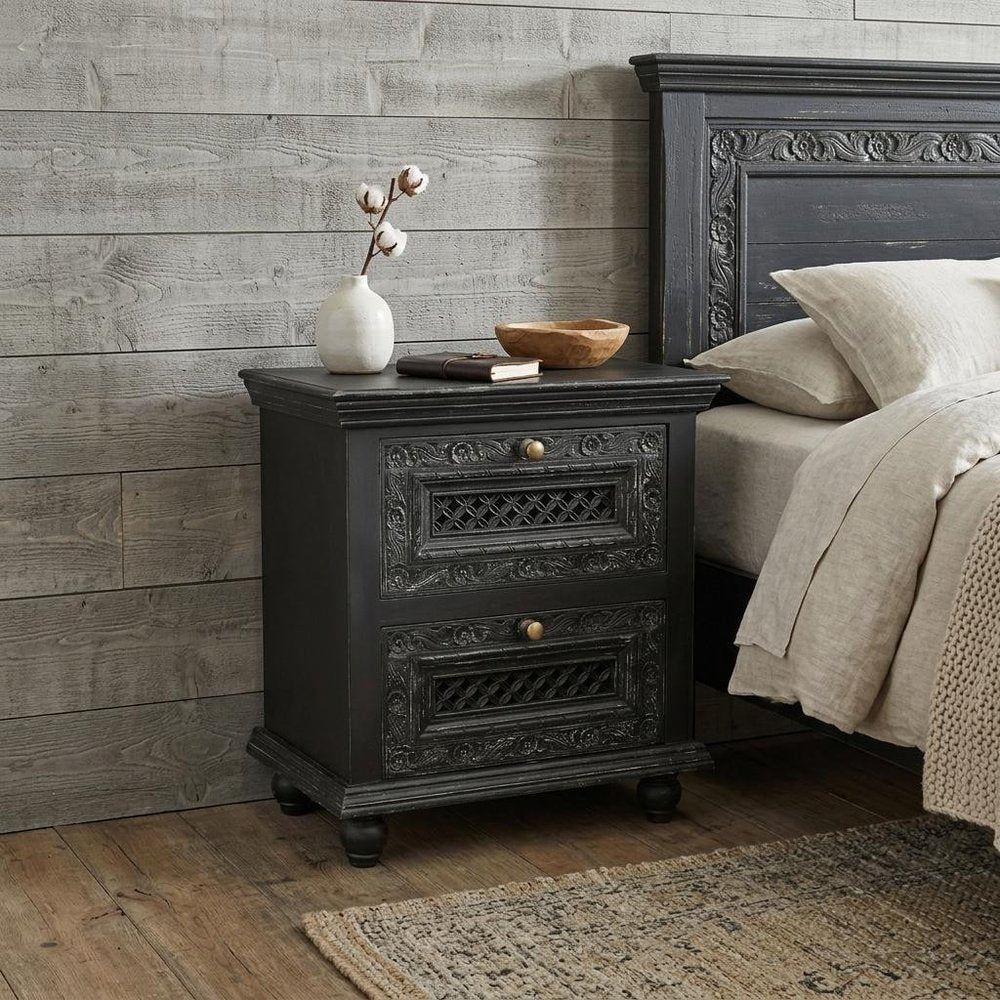 28" Black Solid Wood Square Distressed Carved Floral Two Drawer Nightstand
