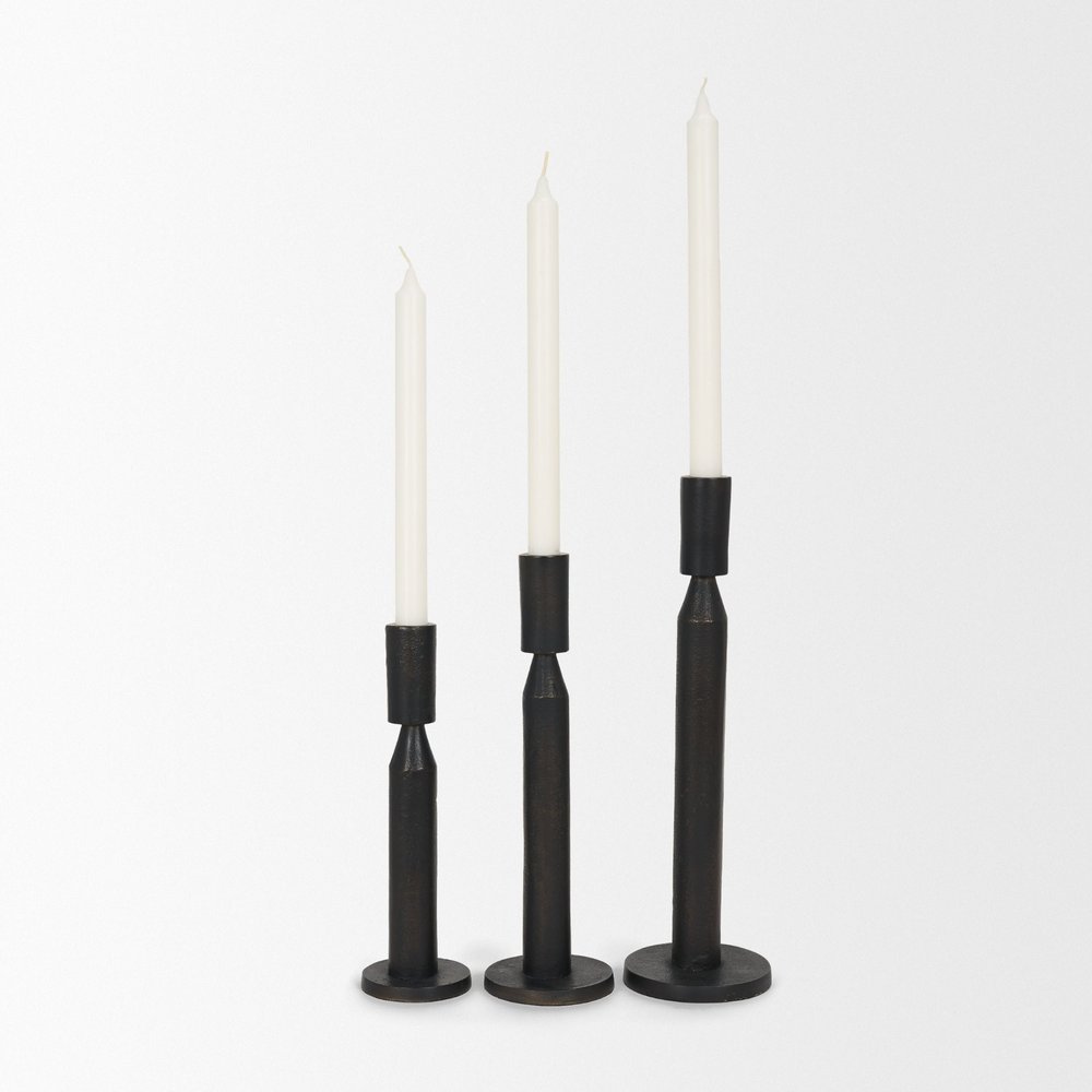 Set of Three Black Metal Tabletop Taper Candlesticks