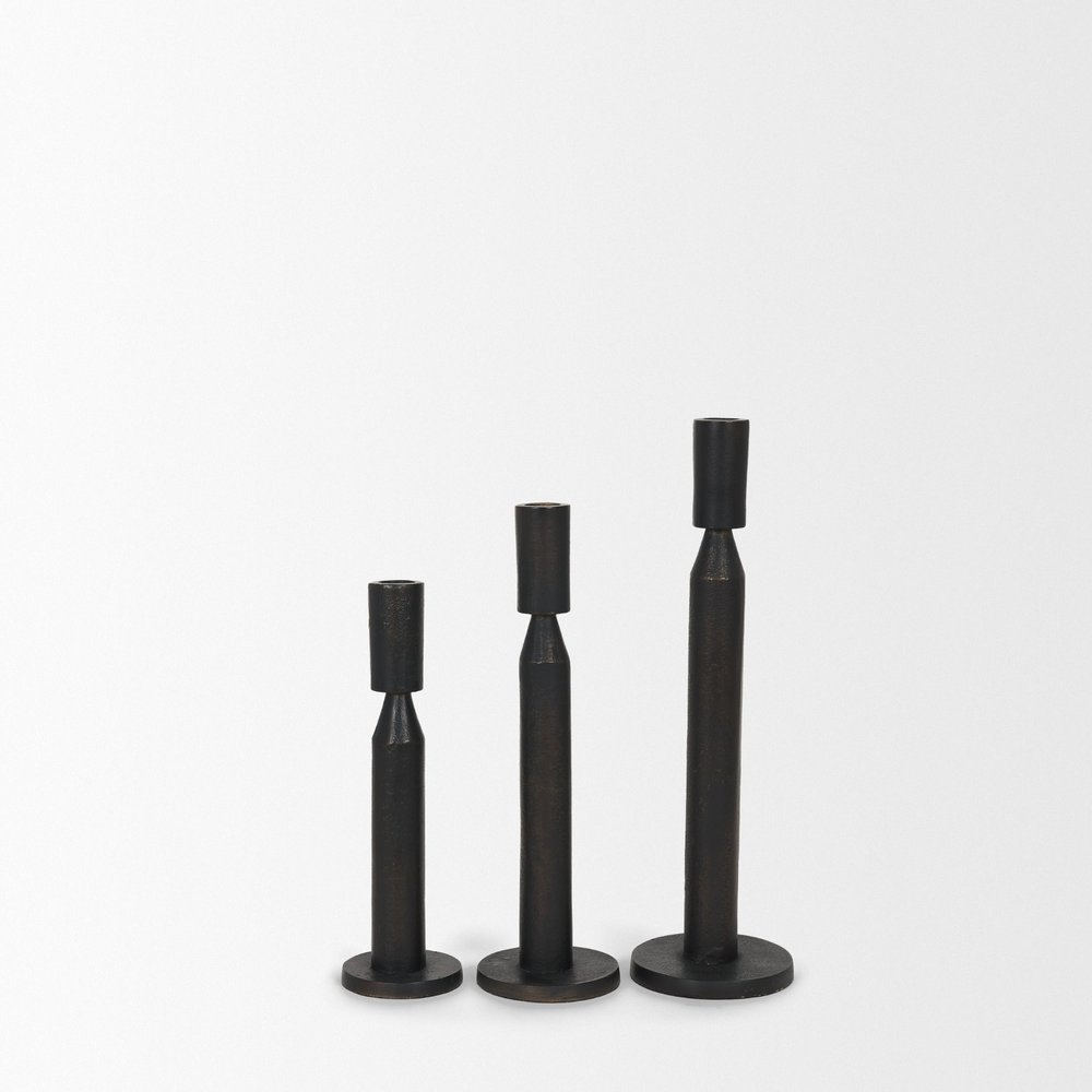 Set of Three Black Metal Tabletop Taper Candlesticks