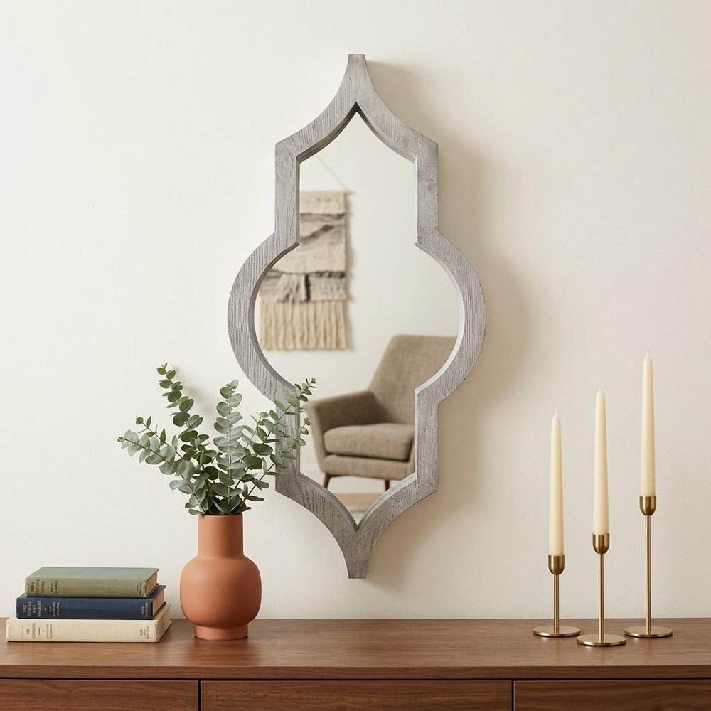 34" White Solid Wood Quatrefoil Framed Accent Mirror