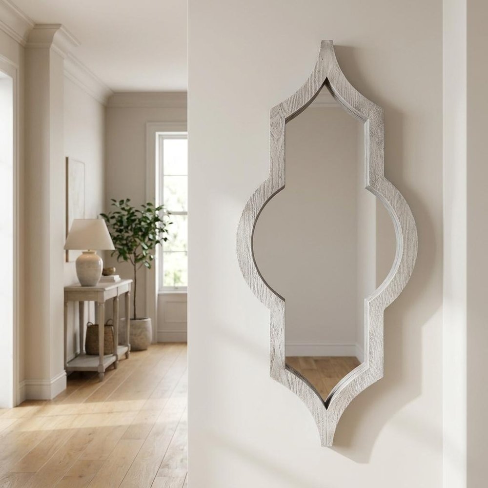 34" White Solid Wood Quatrefoil Framed Accent Mirror