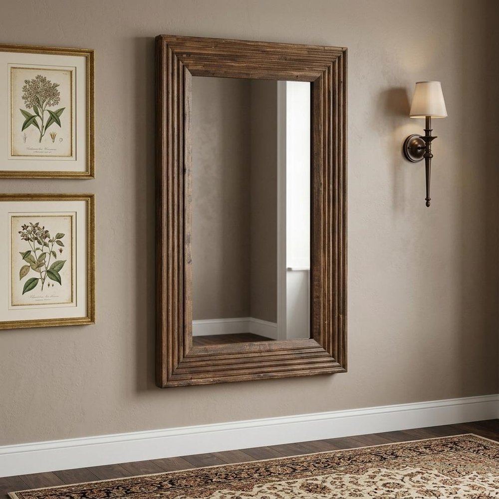 48" Brown Ribbed Solid Wood Wall Mounted And Leaning Framed Accent Mirror