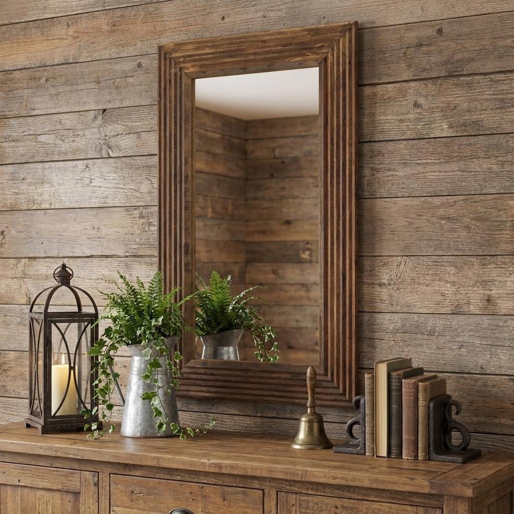 48" Brown Ribbed Solid Wood Wall Mounted And Leaning Framed Accent Mirror