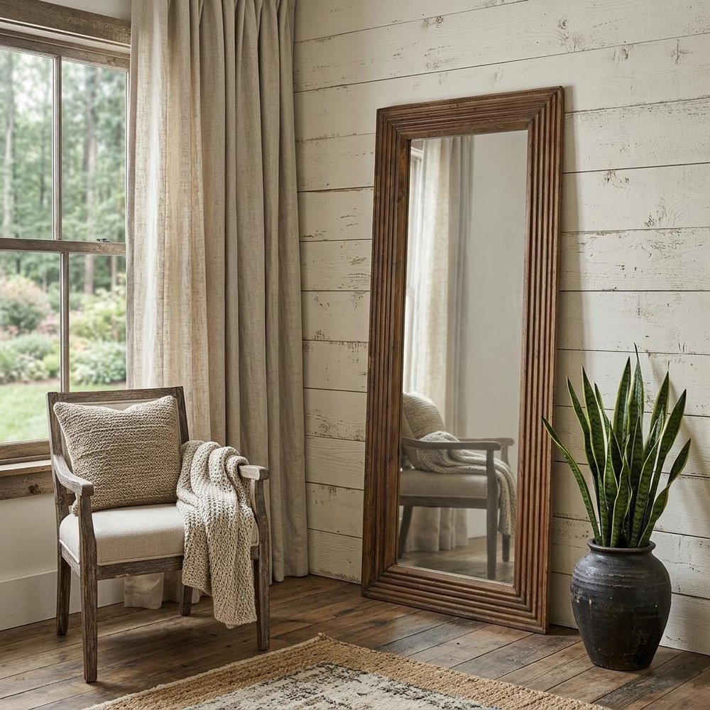 48" Brown Ribbed Solid Wood Wall Mounted And Leaning Framed Accent Mirror