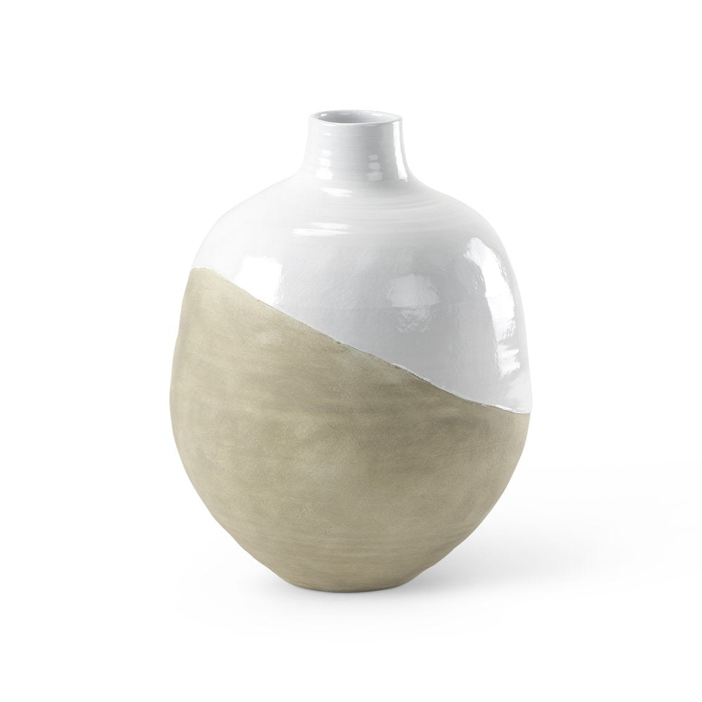 24" White And Beige Ombre Ceramic Round Floor Vase