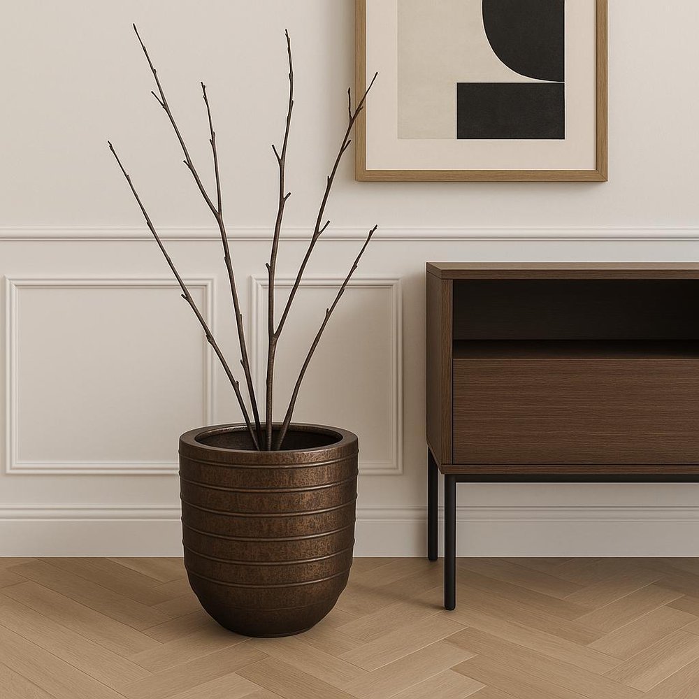 19" Antiqued Brass Metal Round Floor Vase