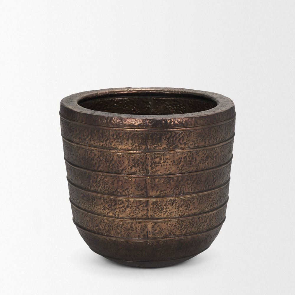 19" Antiqued Brass Metal Round Floor Vase