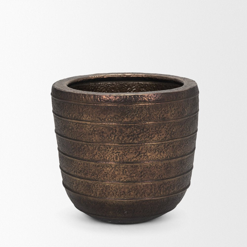 19" Antiqued Brass Metal Round Floor Vase