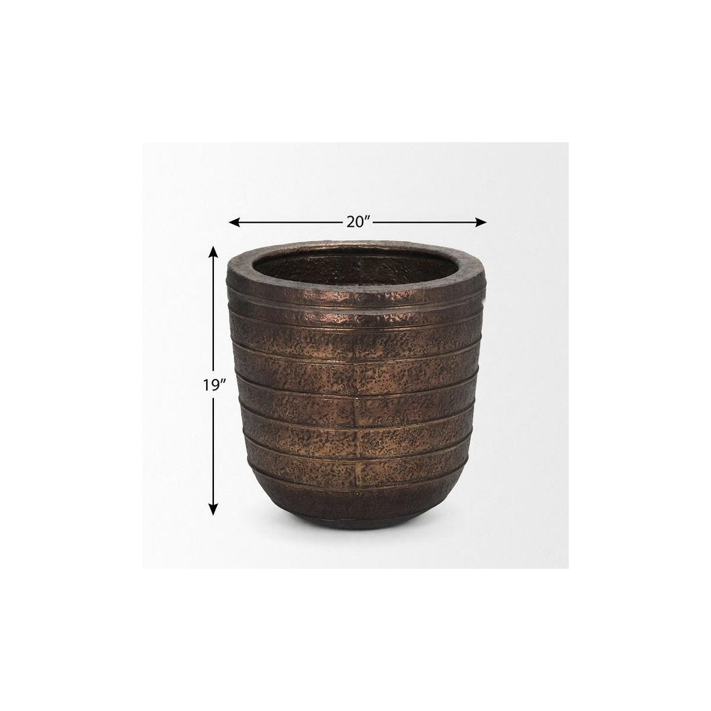 19" Antiqued Brass Metal Round Floor Vase