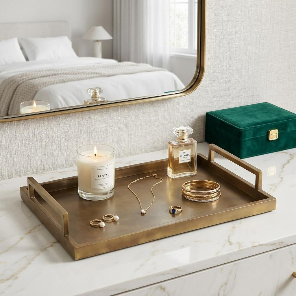 15" Gold Aluminum Hand Finished Vanity Tray With Handles