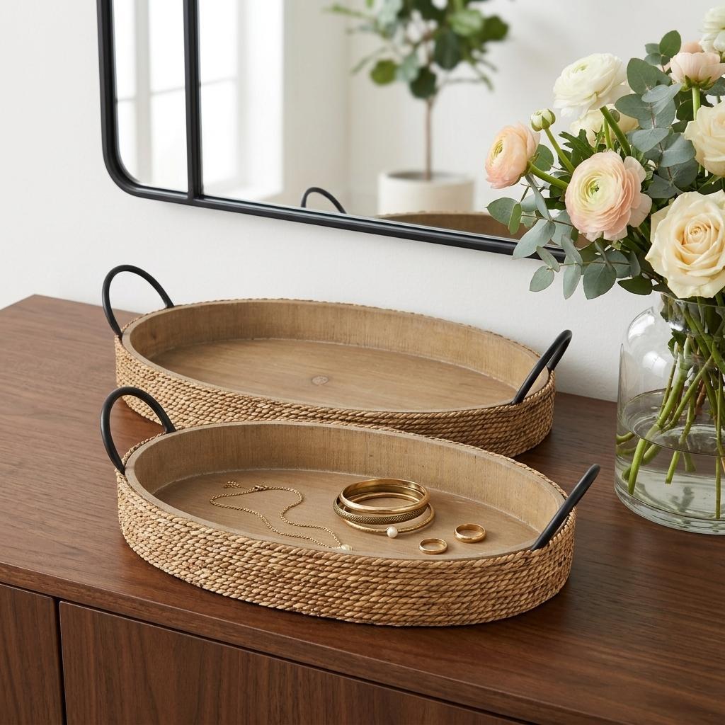 Set of Two Natural and Black Jute Metal And Solid Wood Oval Serving Trays With Handles