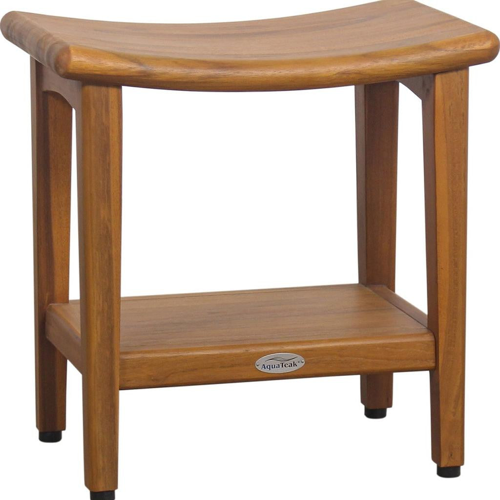 18" X 18" Brown Teak Rectangular Shower Bench With Shelf