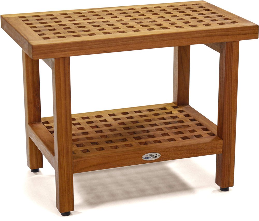 18" X 24" Brown Teak Rectangular Shower Bench With Shelf
