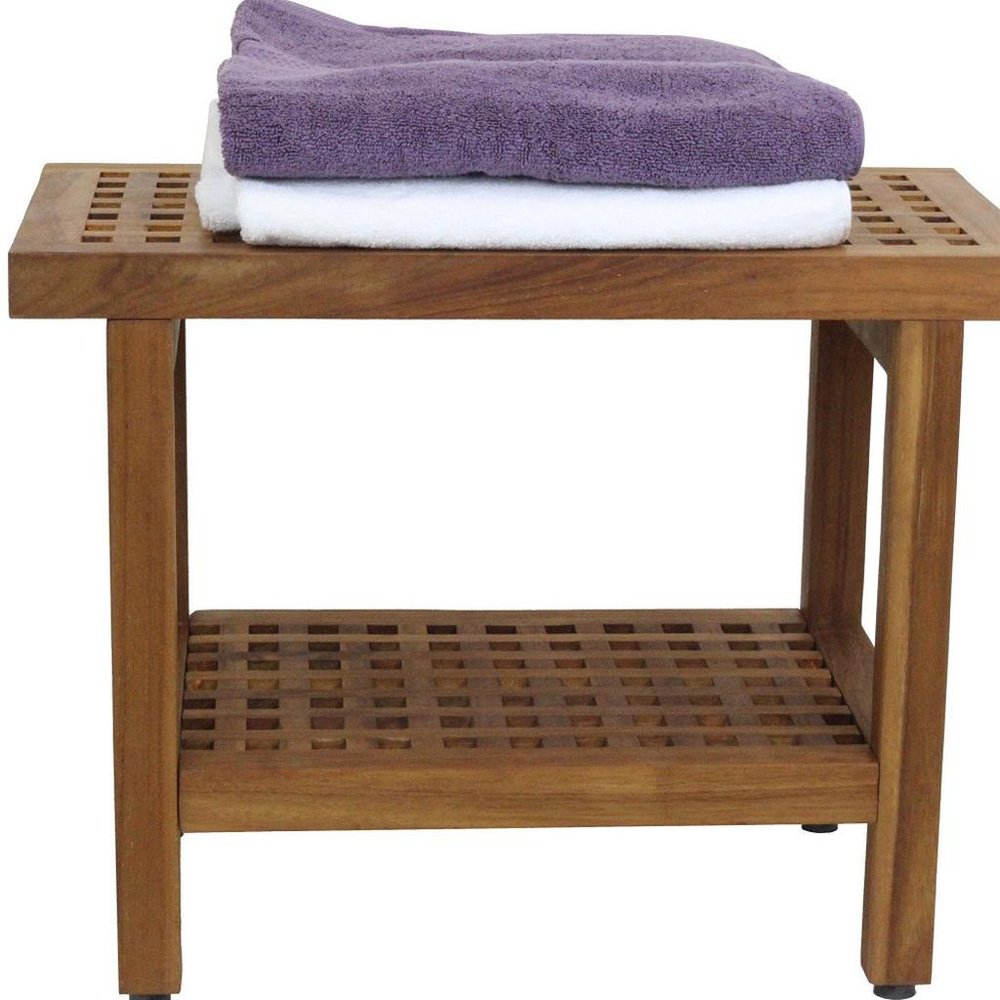 18" X 24" Brown Teak Rectangular Shower Bench With Shelf