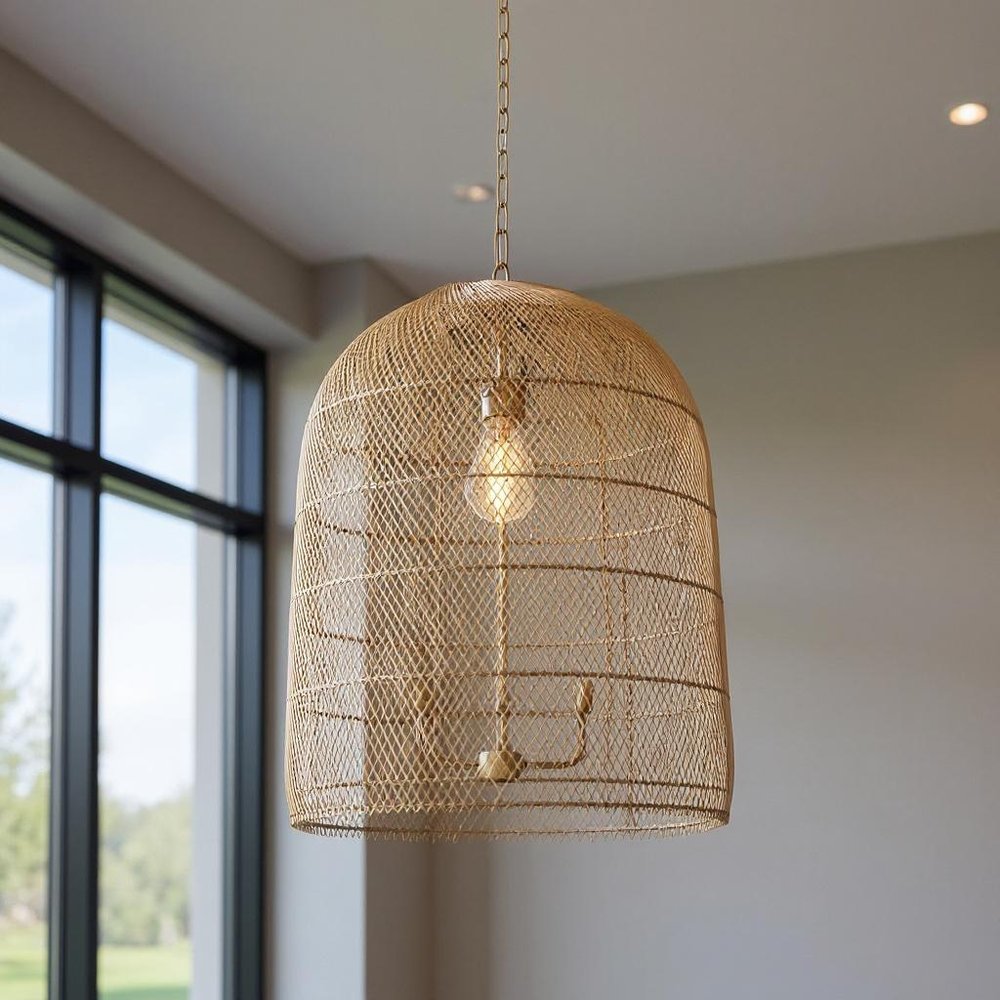 Gold Four Light Rattan Dimmable Chandelier With Gold Shades