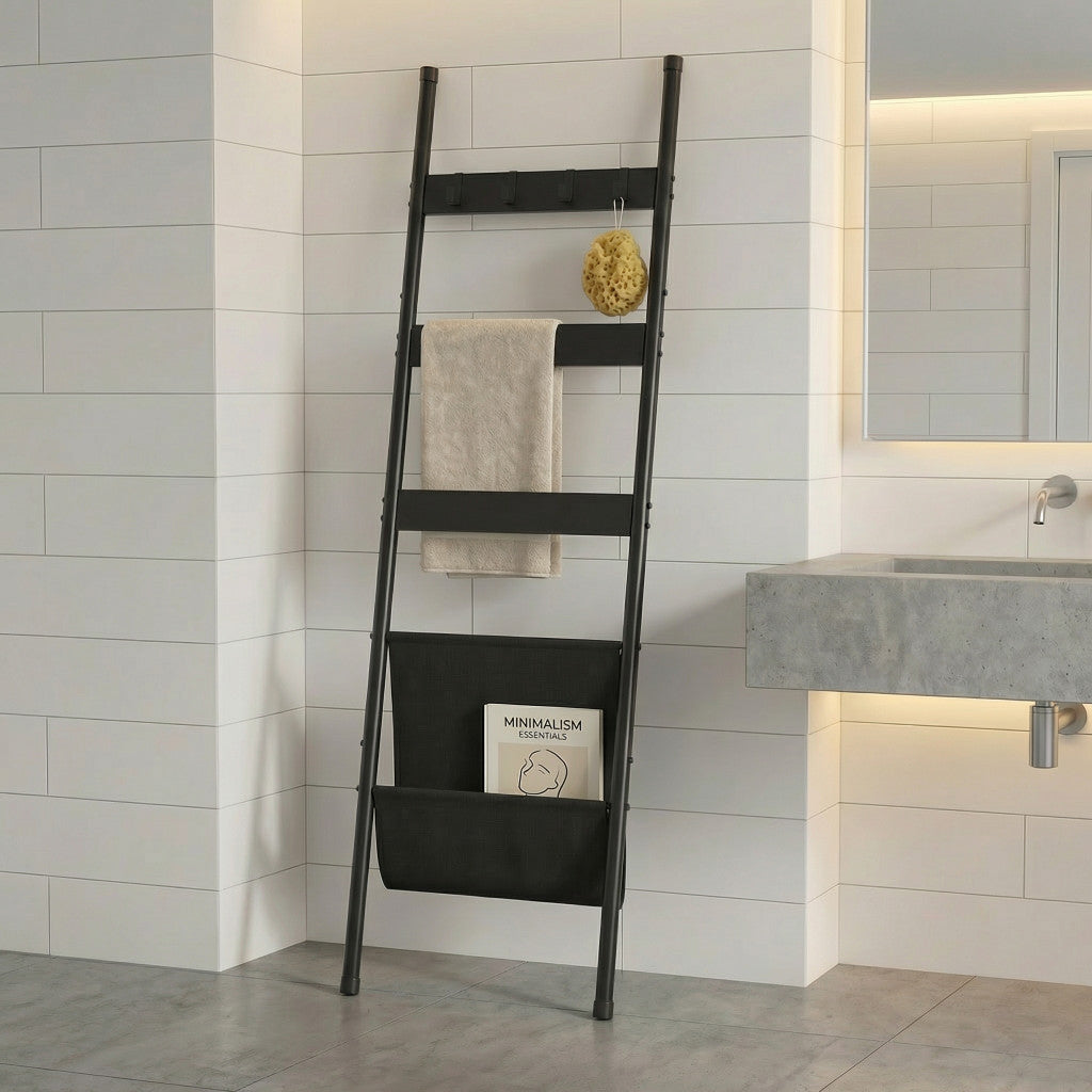 63" Black Metal Blanket Ladder With Magazine Storage
