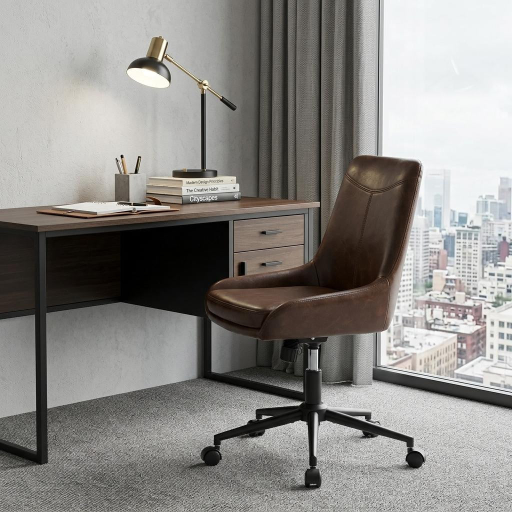 Dark Brown and Black Adjustable Height Swivel Rolling Office Chair