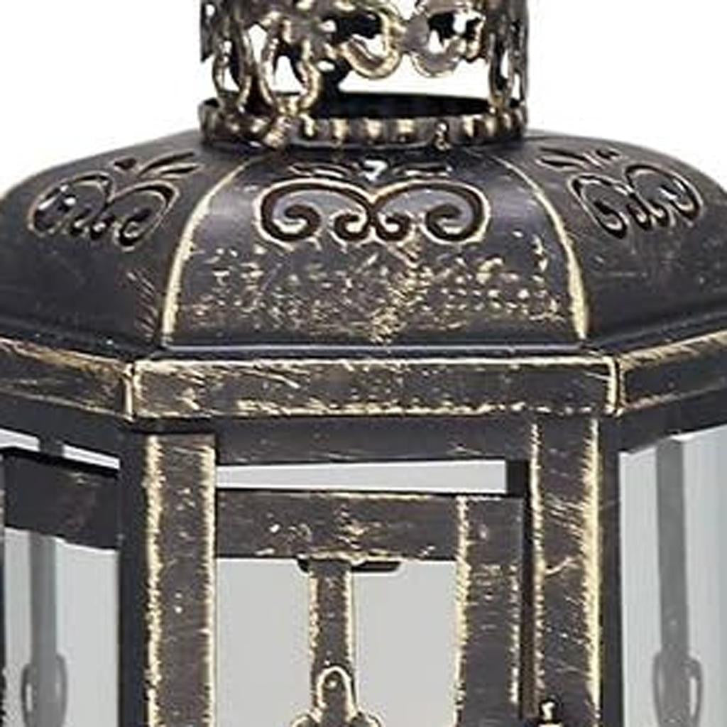 10" Black Distressed Metal And Glass Filigree Tabletop Lantern Candle Holder