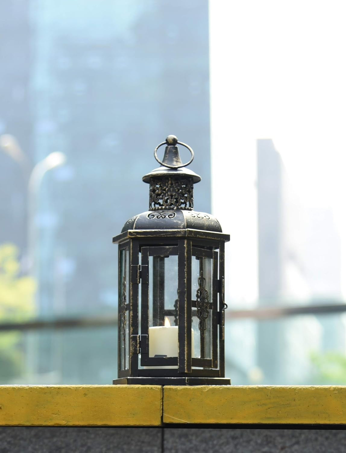 10" Black Distressed Metal And Glass Filigree Tabletop Lantern Candle Holder