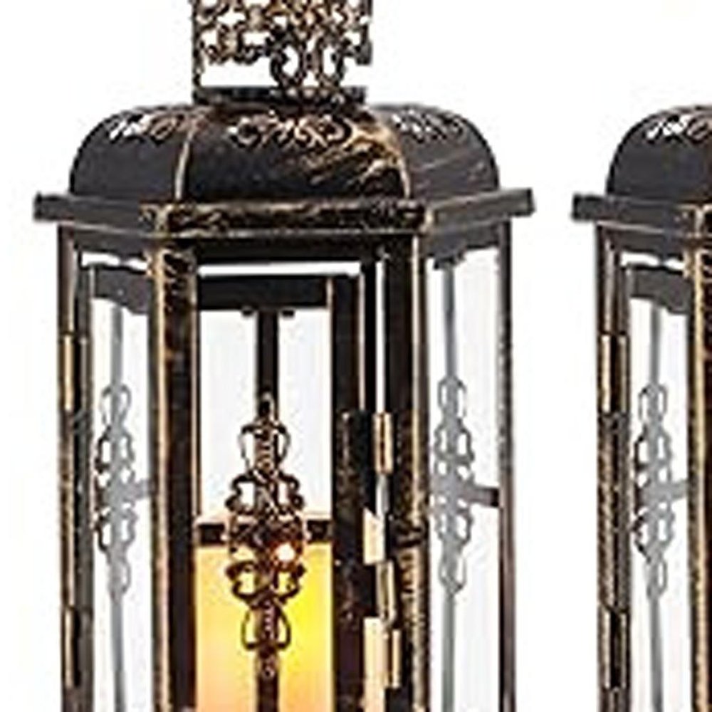 Set of Two Black Distressed Metal And Glass Filigree Tabletop Lantern Candle Holders
