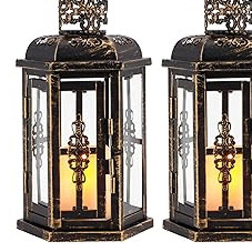 Set of Two Black Distressed Metal And Glass Filigree Tabletop Lantern Candle Holders