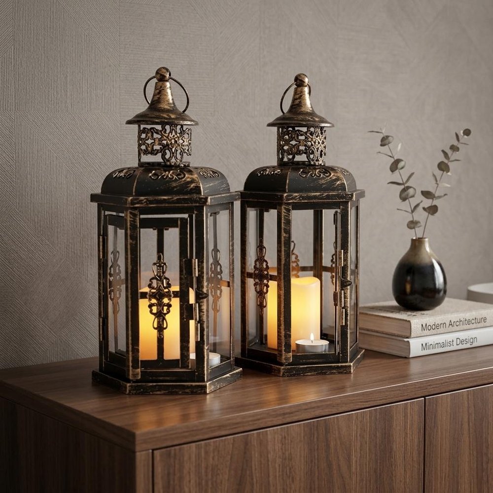 Set of Two Black Distressed Metal And Glass Filigree Tabletop Lantern Candle Holders