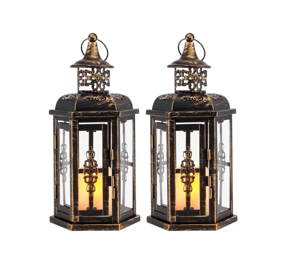 Set of Two Black Distressed Metal And Glass Filigree Tabletop Lantern Candle Holders