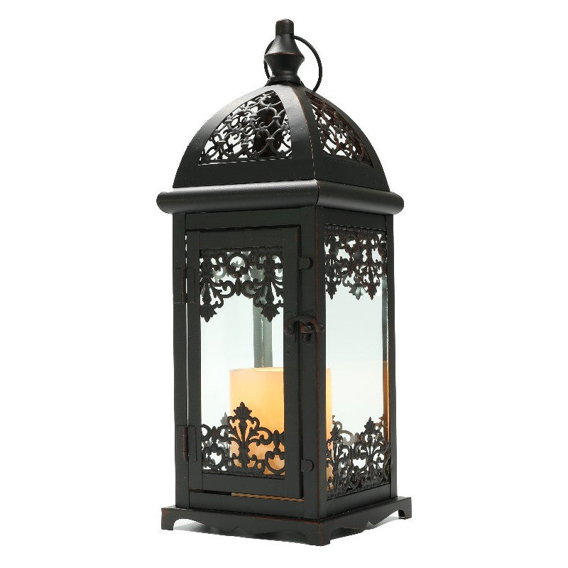 15" Black And Clear Metal And Glass Filigree Tabletop Lantern Candle Holder